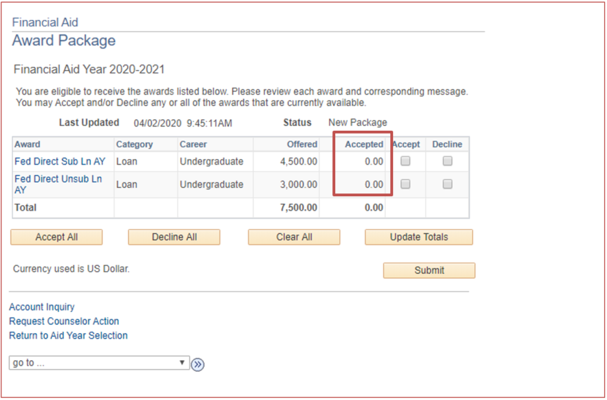 Accepted column shows 0 until action is taken. 