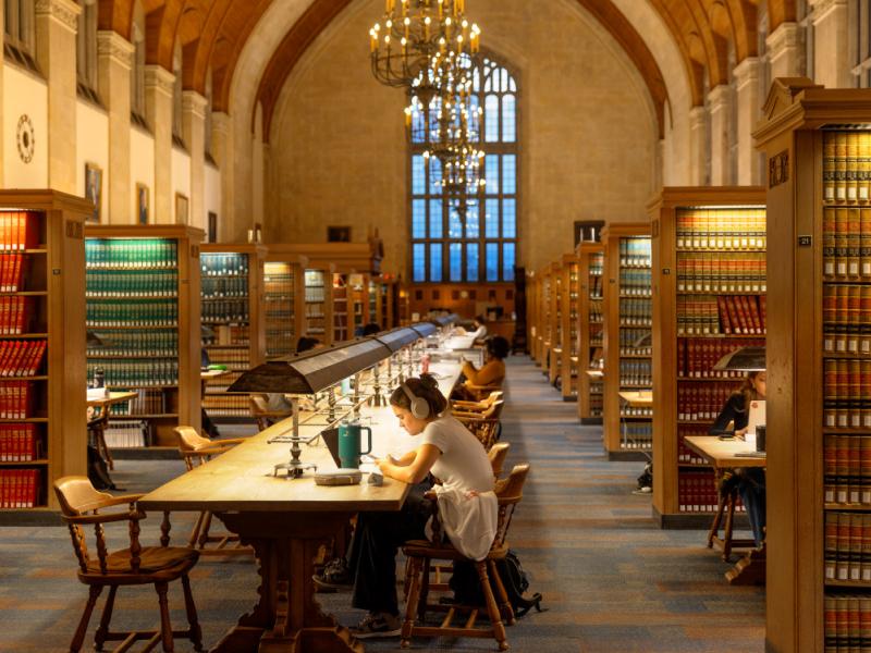 Students work in the Law Library Reading Room of Myron Taylor Hall.